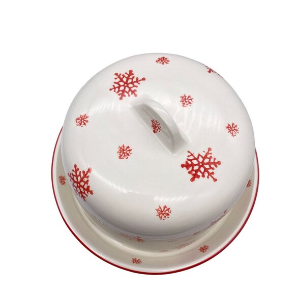 Farval Red white snowflake print covered pie cake dessert stand plate cookies Po - Picture 5 of 14
